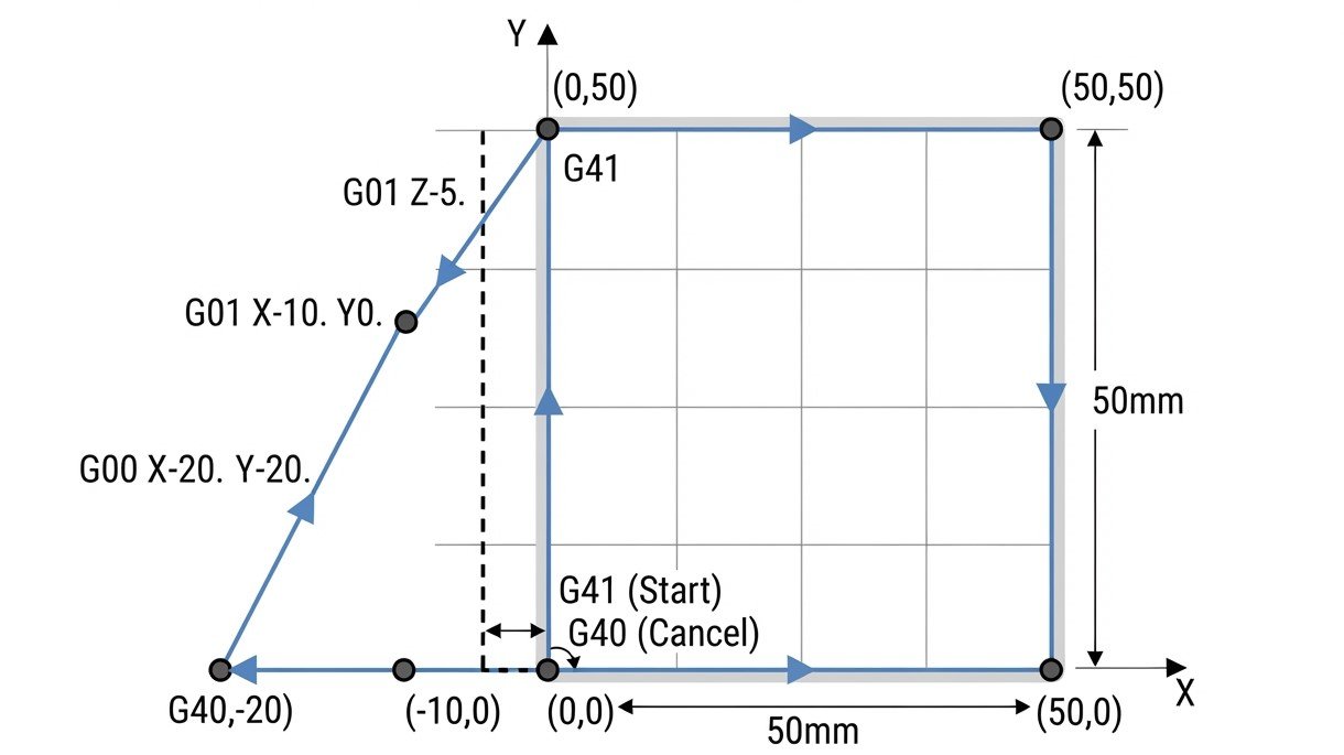 CNC Mill Programming: G41 & G40 Cutter Radius Compensation Example